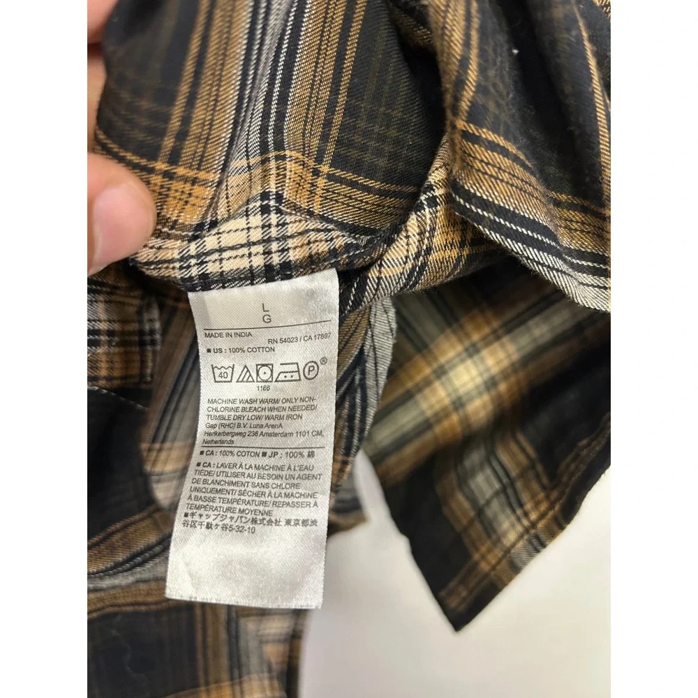 Dark Academia Banana Republic Mens Large Black Brown Plaid Untucked Button Down